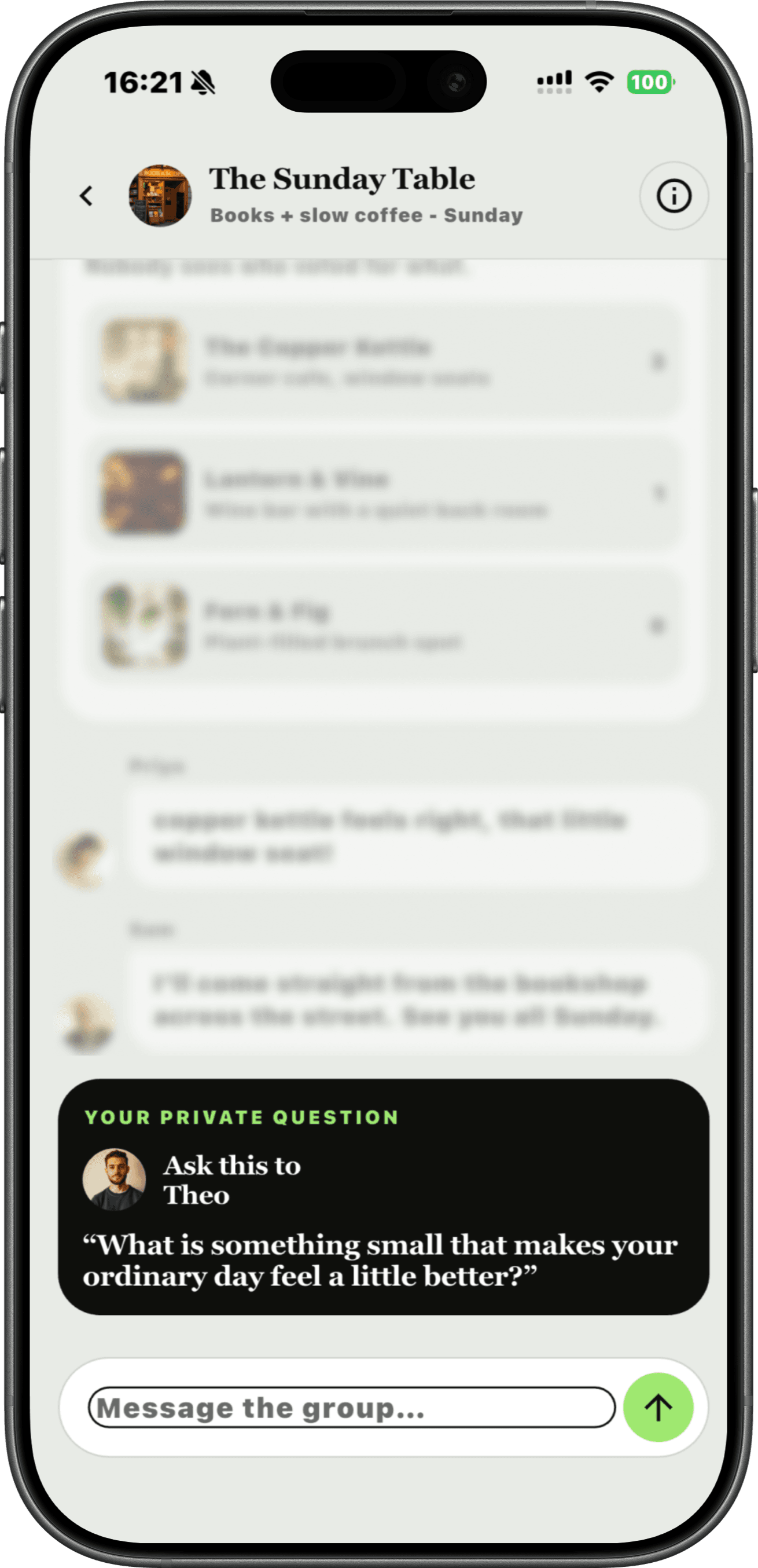 Show Up on a phone: a private question to ask Theo, over a group chat.